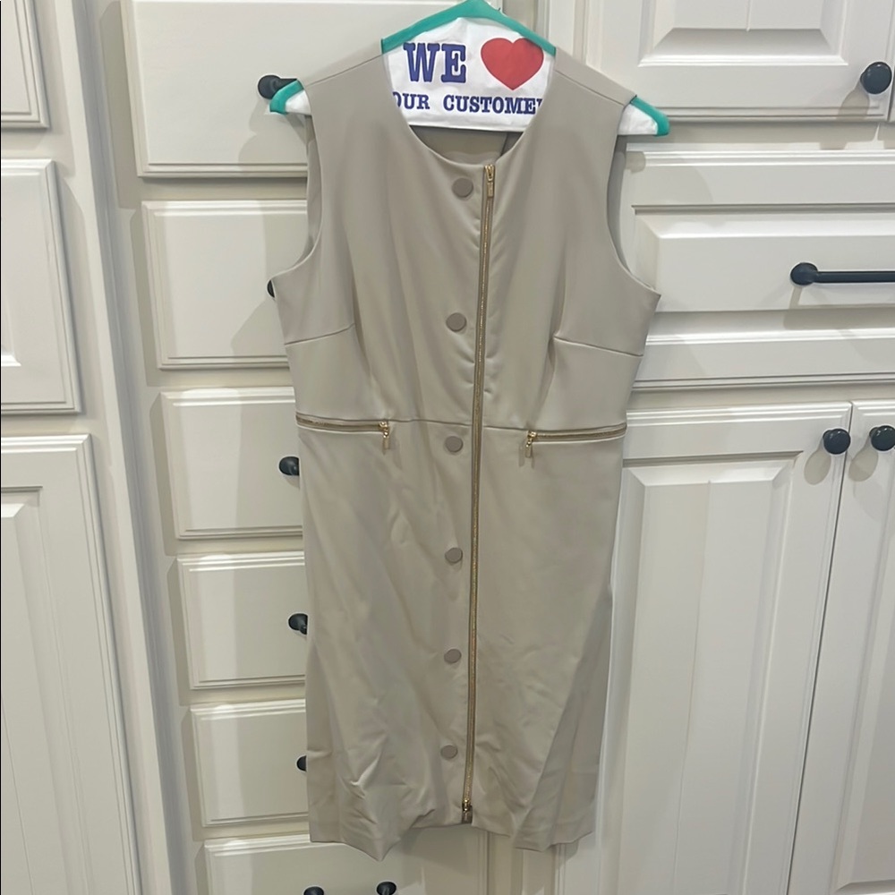 Calvin Klein Tan Sheath Midi Dress Crew Neck Sleeveless